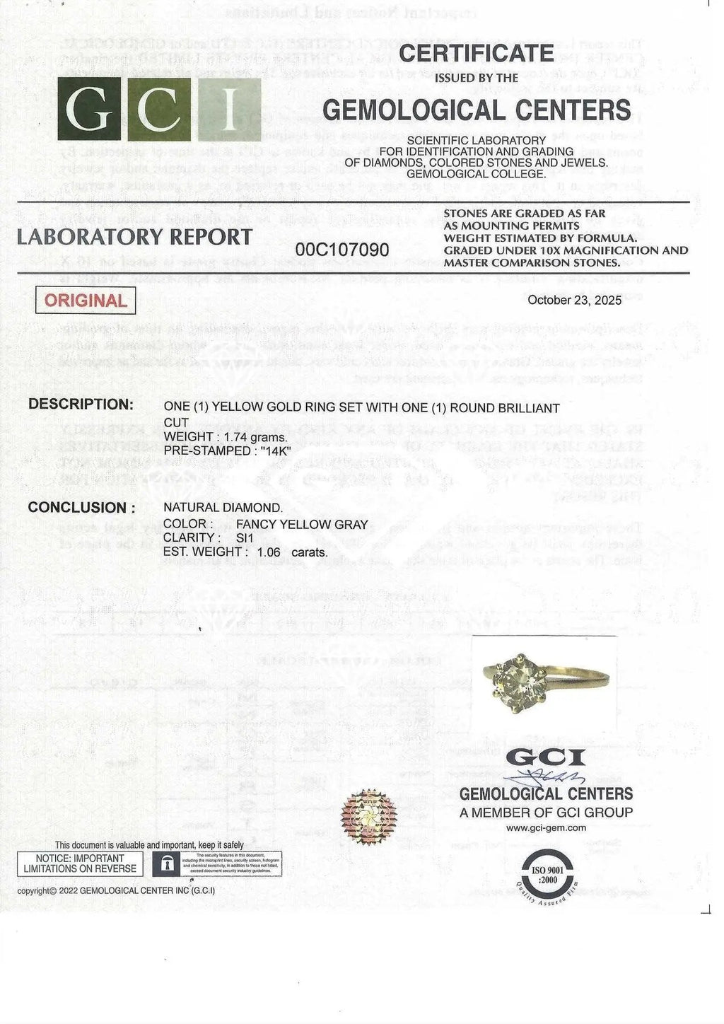 Verlobungsring 14 kt Gelbgold + 1.06ct. Diamant GCI-Zertifikat