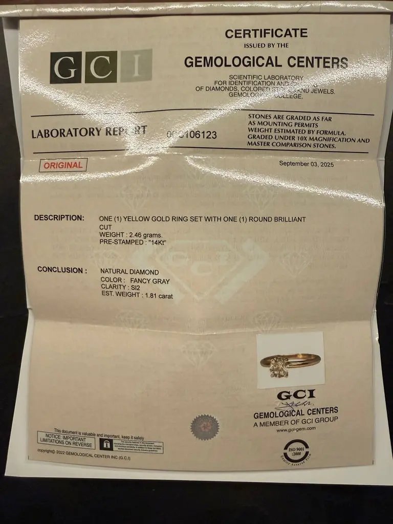 Ring 14 kt Gelbgold + 1.81ct. Grau Diamant (Natürlich farbig) Wert ca. 14.000€