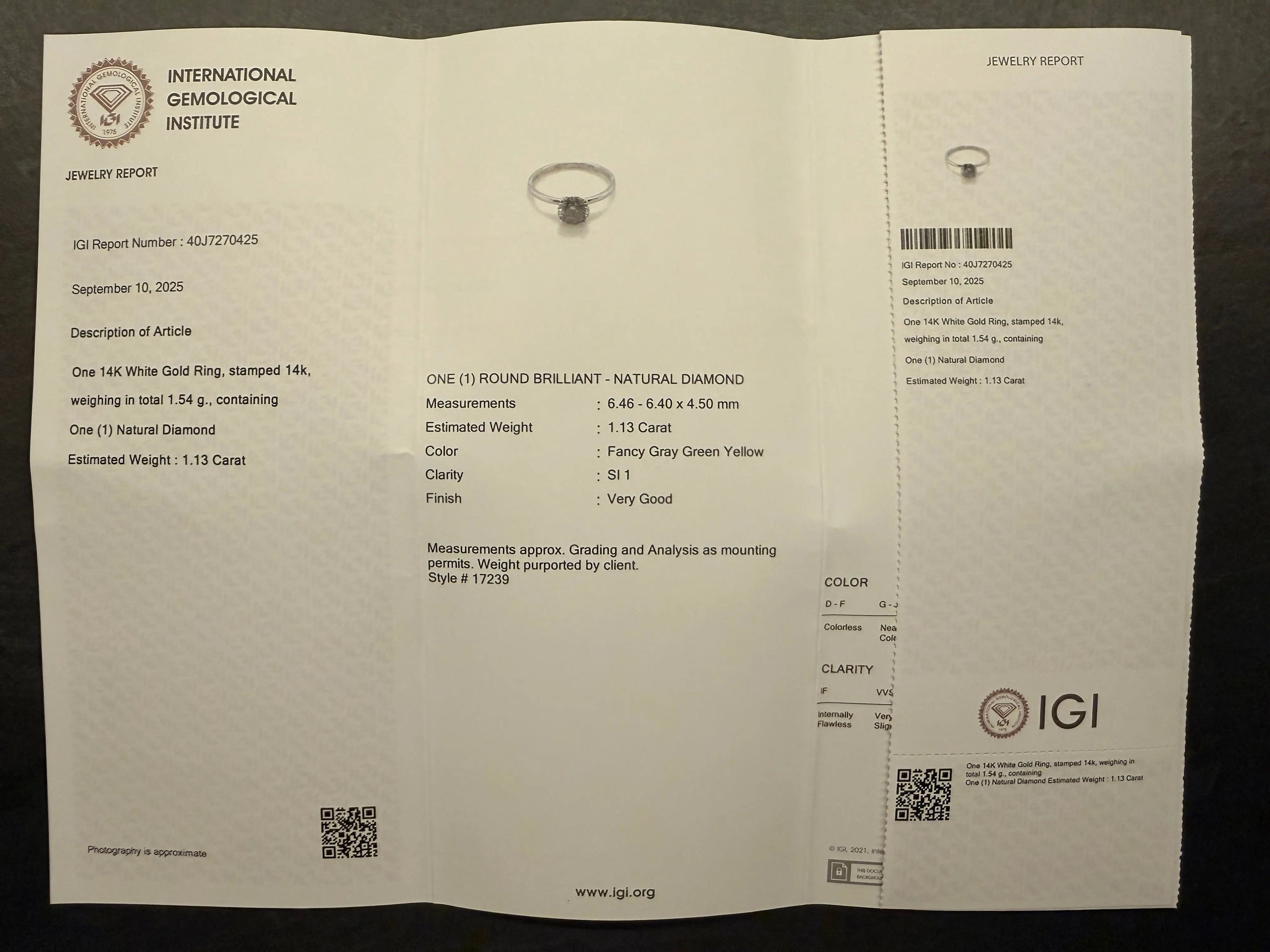 Diamantring 1,13ct + 14Kt Weißgold Wert ca. 5.500€ IGI-Zertifikat