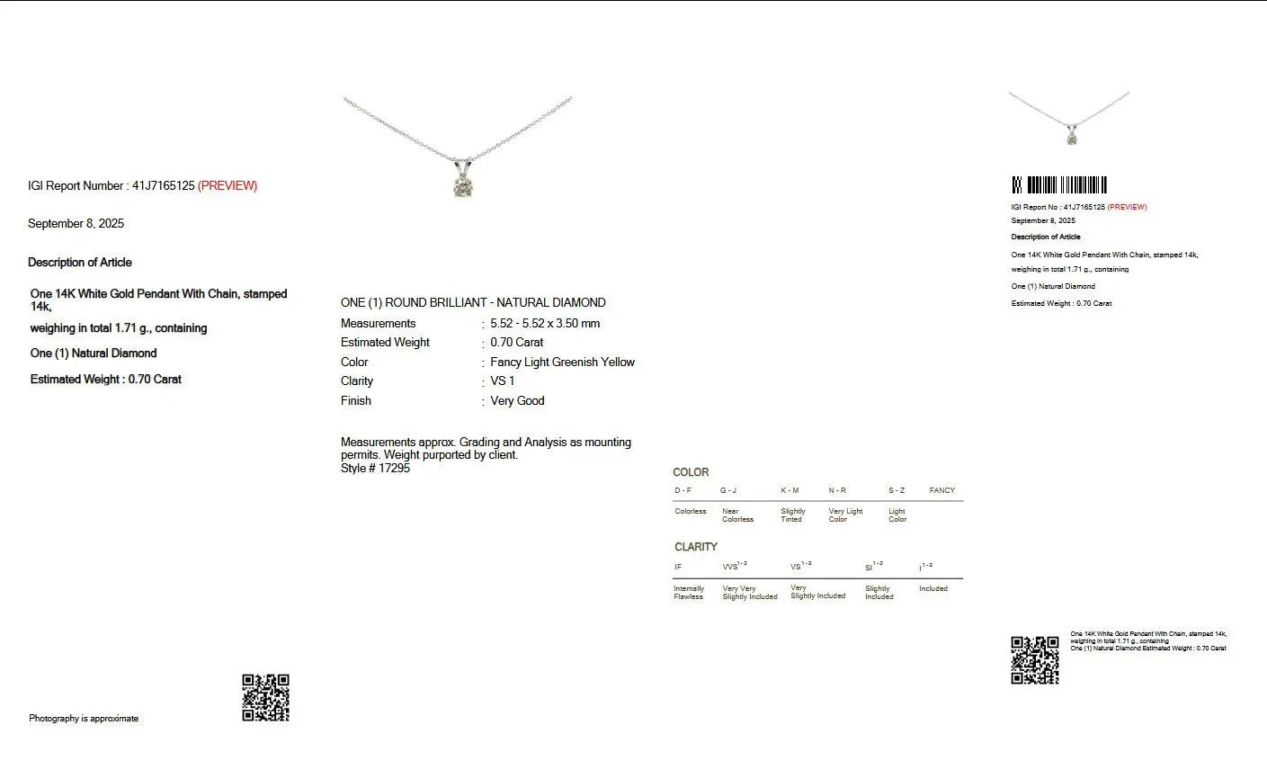 Halskette mit Anhänger 14 kt Weißgold + 0.70ct. Diamant IGI-Zertifikat Wert ca. 4.000€